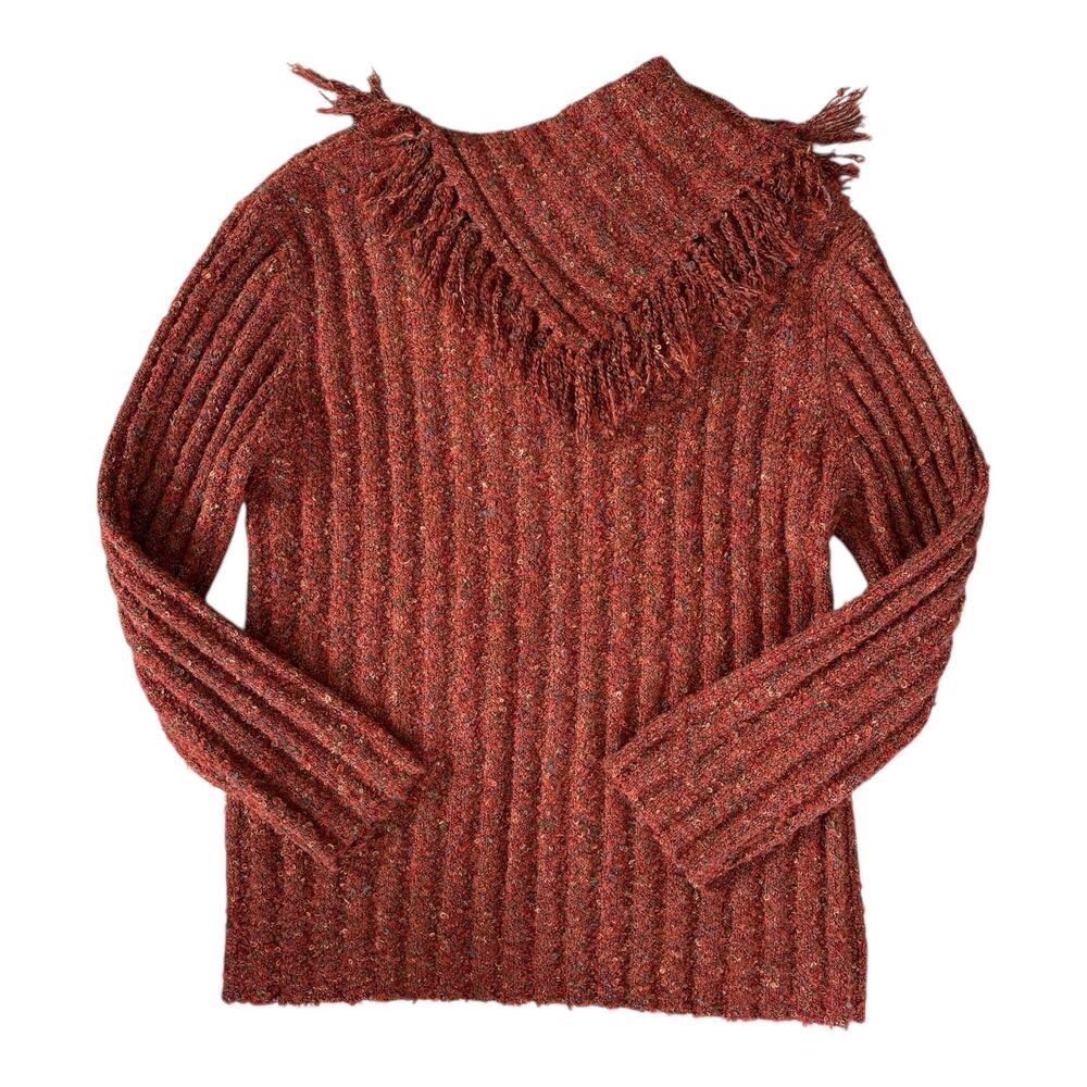 Vintage Chico’s Rust Speckled Knit Sweater Fringe Boho Western sz 3/XL Orange